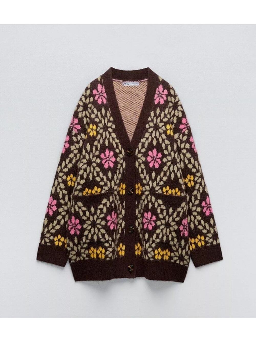 ZARA JACQUARD FLORAL CARDIGAN KNIT SWEATER 9598/230 SZ S